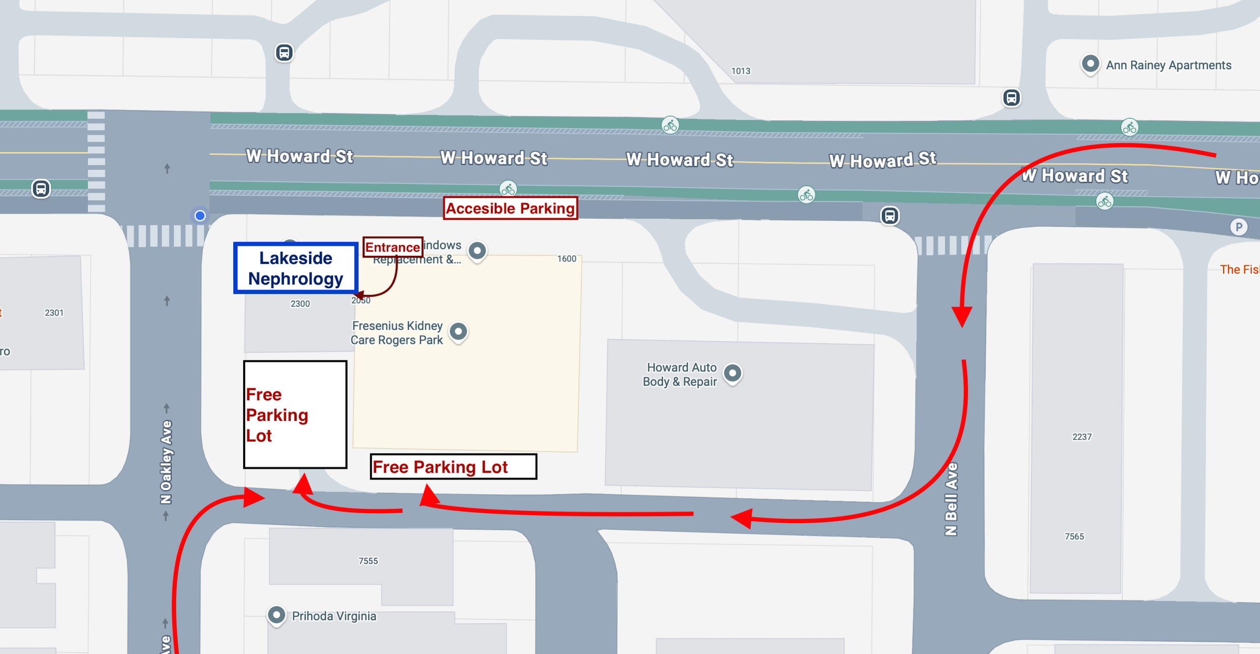 Parking access map: enter from N Bell Ave through the alley to the lot behind the building